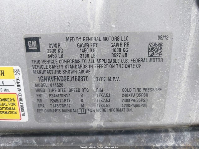 2014 Chevrolet Traverse Ls მანქანა იყიდება აუქციონზე, vin: 1GNKVFKD9EJ160870, აუქციონის ნომერი: 46196193