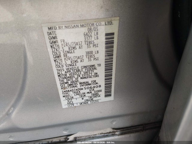 46196204 :رقم المزاد ، 1N6BA07A06N506408 vin ، 2006 Nissan Titan Xe مزاد بيع