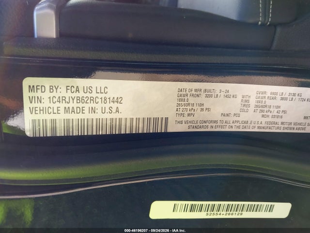Aukcja sprzedaży 2024 Jeep Grand Cherokee 4xe, vin: 1C4RJYB62RC181442, numer aukcji: 46196207