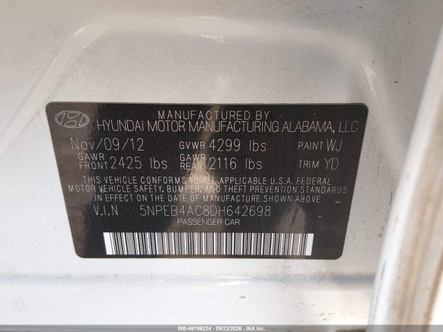 46196224 :رقم المزاد ، 5NPEB4AC8DH642698 vin ، 2013 Hyundai Sonata Gls مزاد بيع