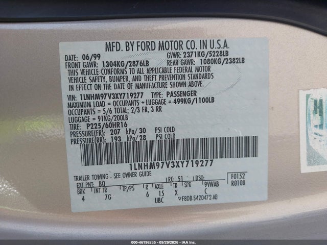 Продажа на аукционе авто 1999 Lincoln Continental, vin: 1LNHM97V3XY719277, номер лота: 46196235