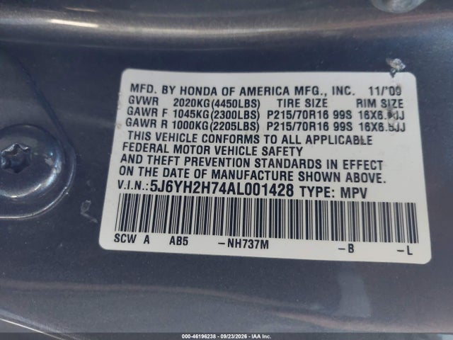 2010 Honda Element Ex მანქანა იყიდება აუქციონზე, vin: 5J6YH2H74AL001428, აუქციონის ნომერი: 46196238