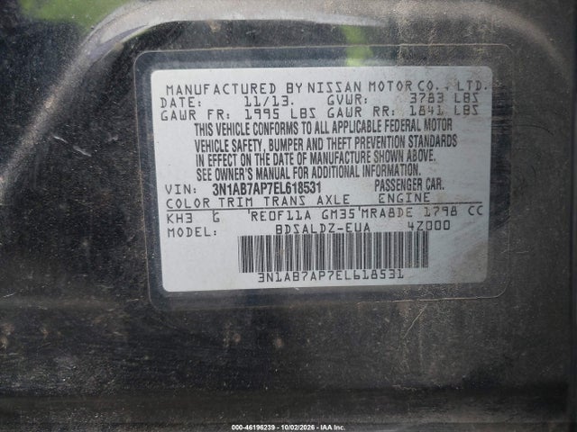 46196239 :رقم المزاد ، 3N1AB7AP7EL618531 vin ، 2014 Nissan Sentra Sv مزاد بيع