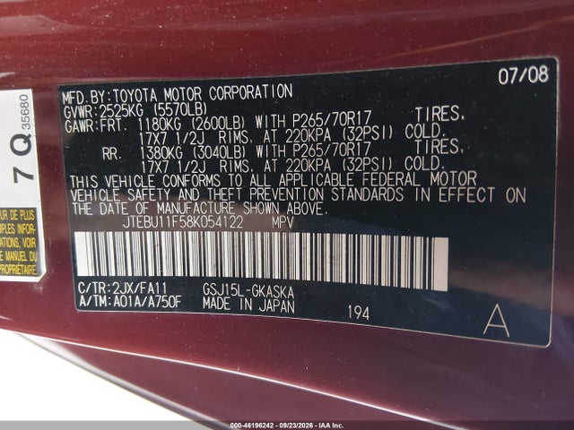 Aukcja sprzedaży 2008 Toyota Fj Cruiser, vin: JTEBU11F58K054122, numer aukcji: 46196242