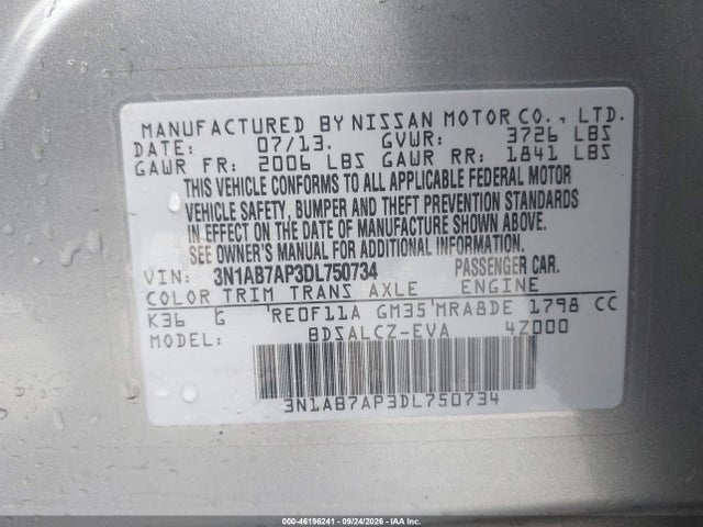 46196241 :رقم المزاد ، 3N1AB7AP3DL750734 vin ، 2013 Nissan Sentra S مزاد بيع