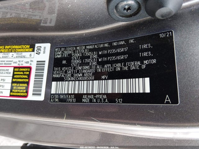 2022 Toyota Sienna Le მანქანა იყიდება აუქციონზე, vin: 5TDKRKEC4NS085068, აუქციონის ნომერი: 46196252