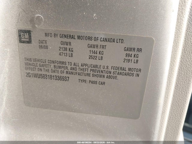 2008 Chevrolet Impala Ltz მანქანა იყიდება აუქციონზე, vin: 2G1WU583181336937, აუქციონის ნომერი: 46196254