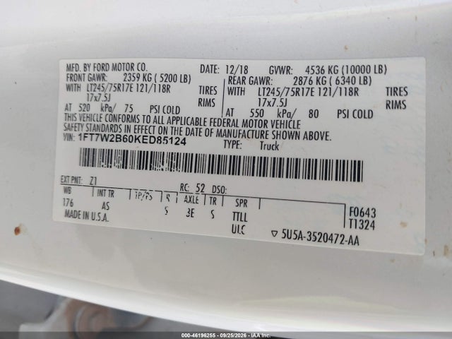 Продажа на аукционе авто 2019 Ford F-250 Xl, vin: 1FT7W2B60KED85124, номер лота: 46196255