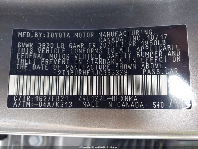 Продажа на аукционе авто 2018 Toyota Corolla Le, vin: 2T1BURHE1JC995378, номер лота: 46196262