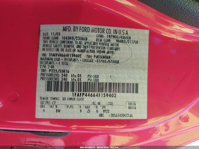 Продаж на аукціоні авто 2004 Ford Mustang, vin: 1FAFP44664F159402, номер лоту: 46196270