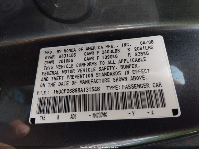 Продажа на аукционе авто 2008 Honda Accord 2.4 Ex-l, vin: 1HGCP26898A131548, номер лота: 46196279