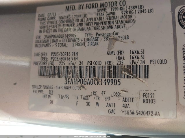 46196286 :رقم المزاد ، 3FAHP0GA0CR149905 vin ، 2012 Ford Fusion S مزاد بيع