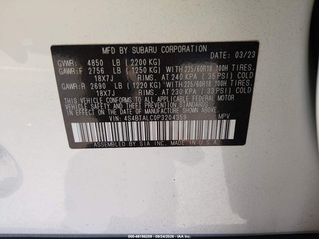 46196289 :رقم المزاد ، 4S4BTALC0P3204359 vin ، 2023 Subaru Outback Onyx Edition مزاد بيع