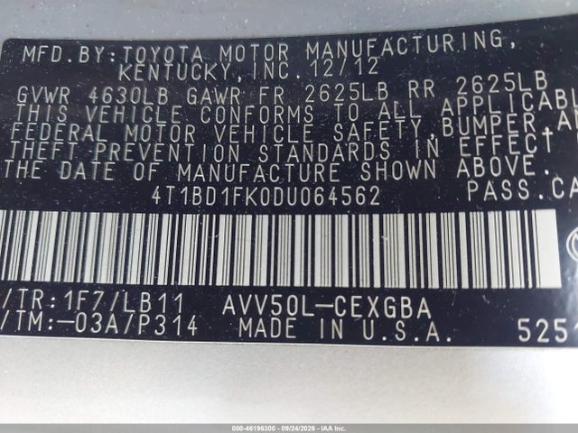 2013 Toyota Camry Hybrid Xle მანქანა იყიდება აუქციონზე, vin: 4T1BD1FK0DU064562, აუქციონის ნომერი: 46196300