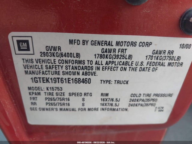 Aukcja sprzedaży 2001 Gmc Sierra 1500 Sle, vin: 1GTEK19T61E168460, numer aukcji: 46196308