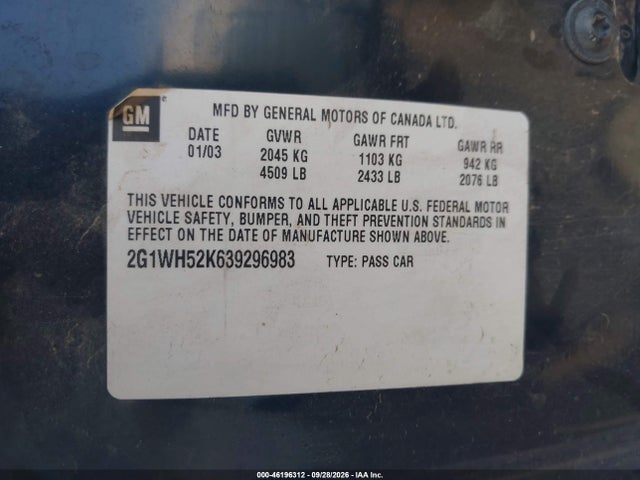 46196312 :رقم المزاد ، 2G1WH52K639296983 vin ، 2003 Chevrolet Impala Ls مزاد بيع