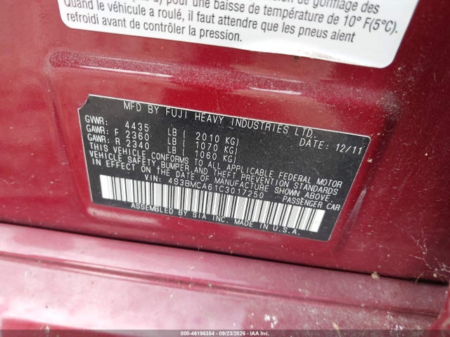 2012 Subaru Legacy 2.5i მანქანა იყიდება აუქციონზე, vin: 4S3BMCA61C3017250, აუქციონის ნომერი: 46196354