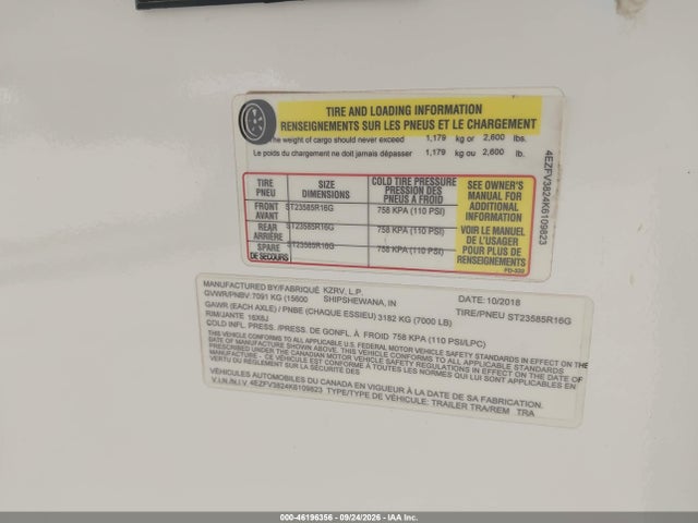 Продаж на аукціоні авто 2019 Kz G385flf, vin: 4EZFV3824K6109823, номер лоту: 46196356