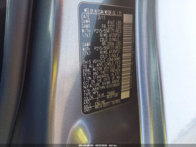 46196380 :رقم المزاد ، JN8AF5MV1BT018504 vin ، 2011 Nissan Juke Sv مزاد بيع