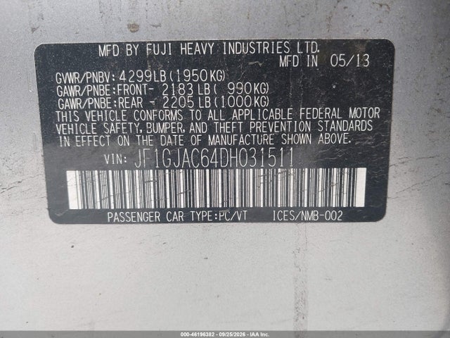 46196382 :رقم المزاد ، JF1GJAC64DH031511 vin ، 2013 Subaru Impreza Premium مزاد بيع