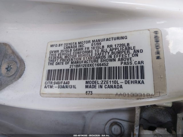 Aukcja sprzedaży 1999 Toyota Corolla Ve, vin: 2T1BR12E0XC166452, numer aukcji: 46196385