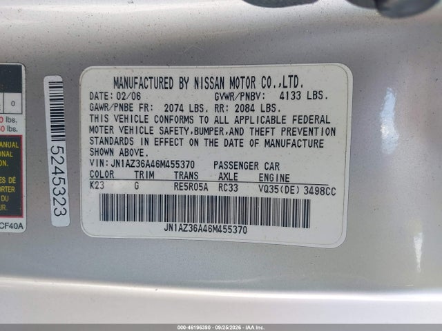 46196390 :رقم المزاد ، JN1AZ36A46M455370 vin ، 2006 Nissan 350z Touring مزاد بيع