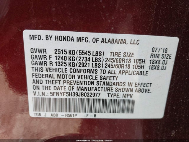 46196412 :رقم المزاد ، 5FNYF5H39JB032977 vin ، 2018 Honda Pilot Ex مزاد بيع