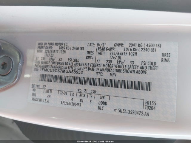 Ford ESCAPE SE 2021 1FMCU9G67MUA58553 Image 9