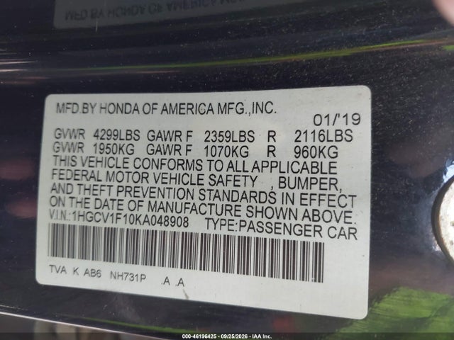 2019 Honda Accord Lx მანქანა იყიდება აუქციონზე, vin: 1HGCV1F10KA048908, აუქციონის ნომერი: 46196425