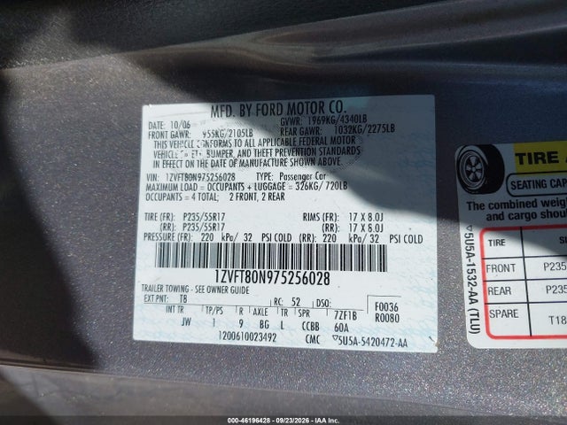 46196428 :رقم المزاد ، 1ZVFT80N975256028 vin ، 2007 Ford Mustang Deluxe/premium مزاد بيع