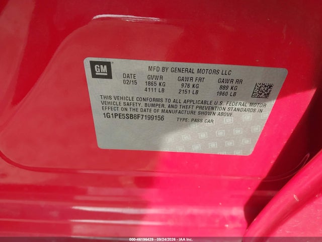 Продажа на аукционе авто 2015 Chevrolet Cruze Lt, vin: 1G1PE5SB8F7199156, номер лота: 46196429
