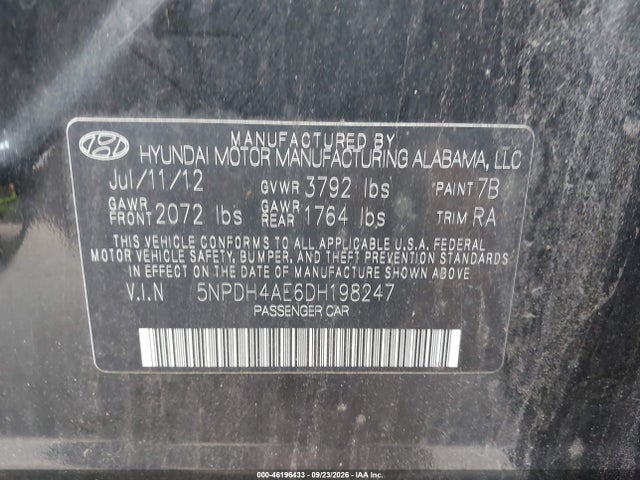 Aukcja sprzedaży 2013 Hyundai Elantra Gls Pzev, vin: 5NPDH4AE6DH198247, numer aukcji: 46196433