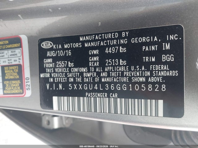 46196449 :رقم المزاد ، 5XXGU4L36GG105828 vin ، 2016 Kia Optima Ex مزاد بيع