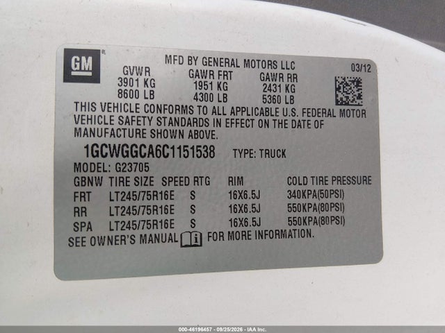 Aukcja sprzedaży 2012 Chevrolet Express 2500 Work Van, vin: 1GCWGGCA6C1151538, numer aukcji: 46196457