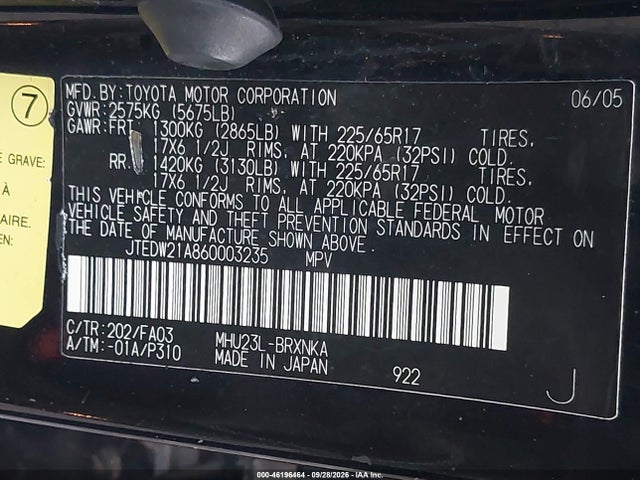 Aukcja sprzedaży 2006 Toyota Highlander Hybrid V6, vin: JTEDW21A860003235, numer aukcji: 46196464