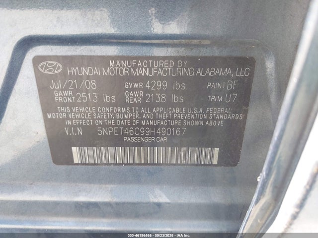 Aukcja sprzedaży 2009 Hyundai Sonata Gls, vin: 5NPET46C99H490167, numer aukcji: 46196466