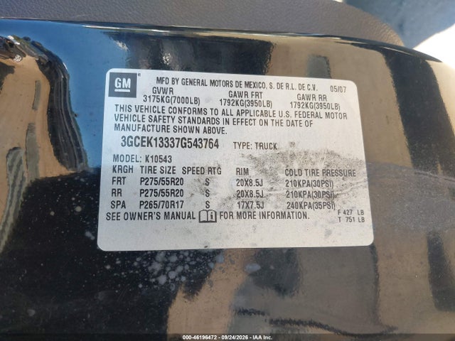 2007 Chevrolet Silverado 1500 Ltz მანქანა იყიდება აუქციონზე, vin: 3GCEK13337G543764, აუქციონის ნომერი: 46196472