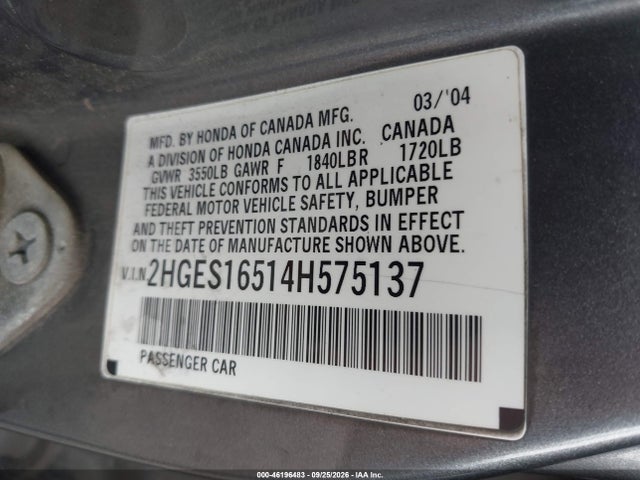 46196483 :رقم المزاد ، 2HGES16514H575137 vin ، 2004 Honda Civic Lx مزاد بيع