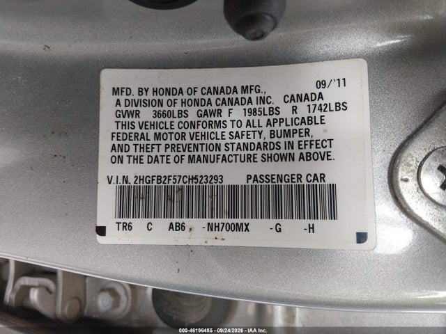 Aukcja sprzedaży 2012 Honda Civic Sdn Lx, vin: 2HGFB2F57CH523293, numer aukcji: 46196485