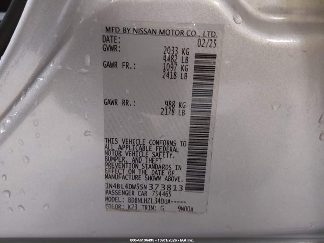 Продаж на аукціоні авто 2025 Nissan Altima Sv Awd, vin: 1N4BL4DW5SN373813, номер лоту: 46196495