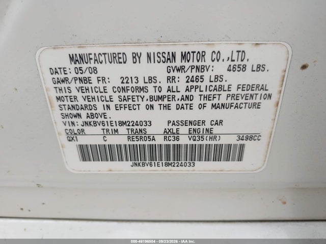 Продажа на аукционе авто 2008 Infiniti G35 Journey, vin: JNKBV61E18M224033, номер лота: 46196504