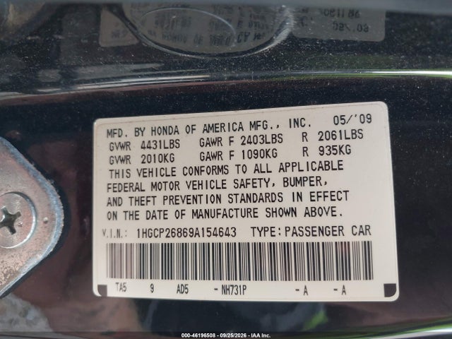 2009 Honda Accord Sdn Ex-l მანქანა იყიდება აუქციონზე, vin: 1HGCP26869A154643, აუქციონის ნომერი: 46196508