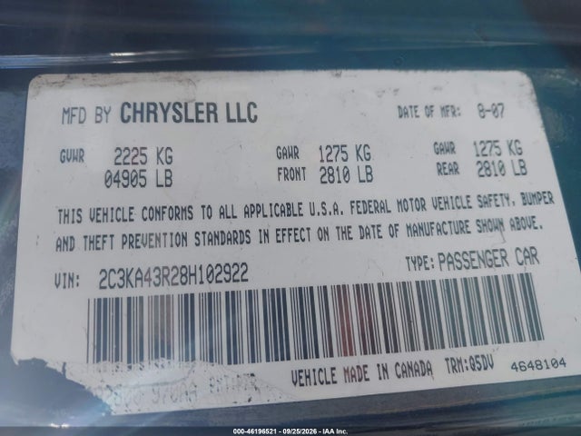 Продаж на аукціоні авто 2008 Chrysler 300 Lx, vin: 2C3KA43R28H102922, номер лоту: 46196521