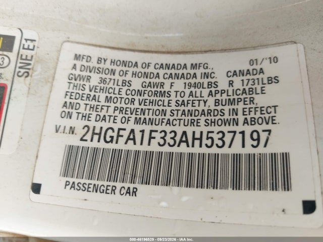 Продаж на аукціоні авто 2010 Honda Civic Vp, vin: 2HGFA1F33AH537197, номер лоту: 46196529