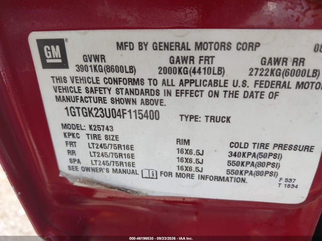Продажа на аукционе авто 2004 Gmc Sierra 2500 Sle, vin: 1GTGK23U04F115400, номер лота: 46196530