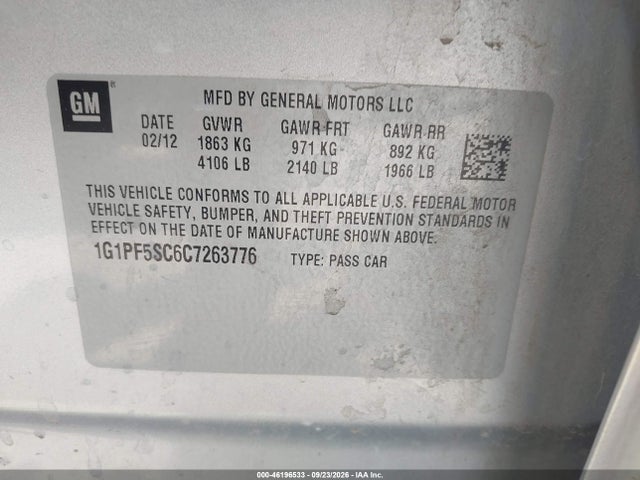 Продаж на аукціоні авто 2012 Chevrolet Cruze 1lt, vin: 1G1PF5SC6C7263776, номер лоту: 46196533