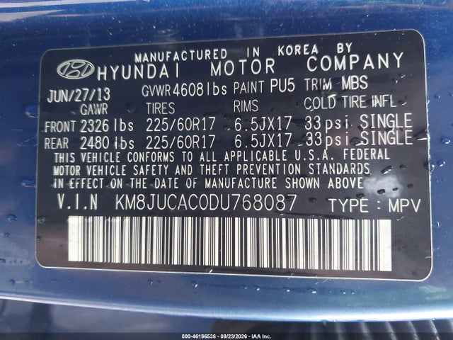 46196538 :رقم المزاد ، KM8JUCAC0DU768087 vin ، 2013 Hyundai Tucson Gls مزاد بيع