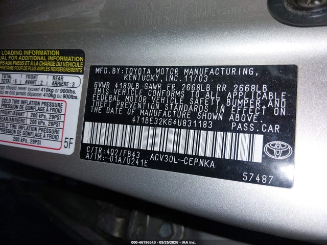 46196540 :رقم المزاد ، 4T1BE32K64U831183 vin ، 2004 Toyota Camry Le مزاد بيع