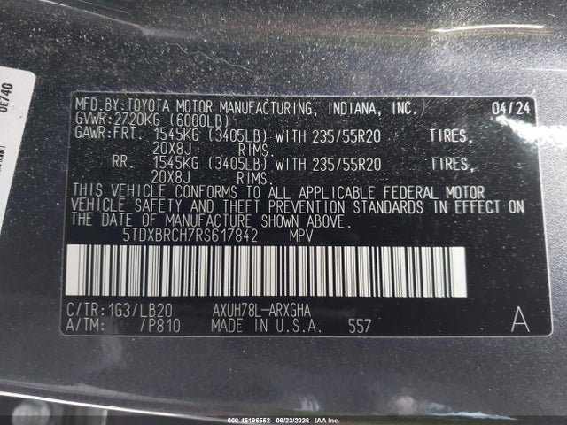 46196552 :رقم المزاد ، 5TDXBRCH7RS617842 vin ، 2024 Toyota Highlander Hybrid Limited مزاد بيع