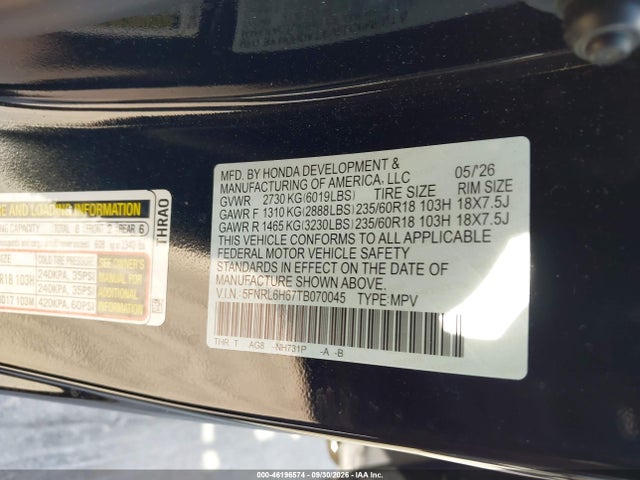 Aukcja sprzedaży 2026 Honda Odyssey Ex-l, vin: 5FNRL6H67TB070045, numer aukcji: 46196574